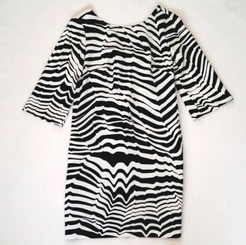 Trina Turk Women's Off White & Black Zebra Stripe Lined 3/4 Sleeve Dress 4 - Picture 2 of 16